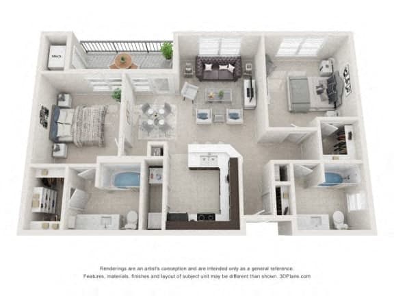 Floor plan for 2 beds, 2 baths, 1035 sqft